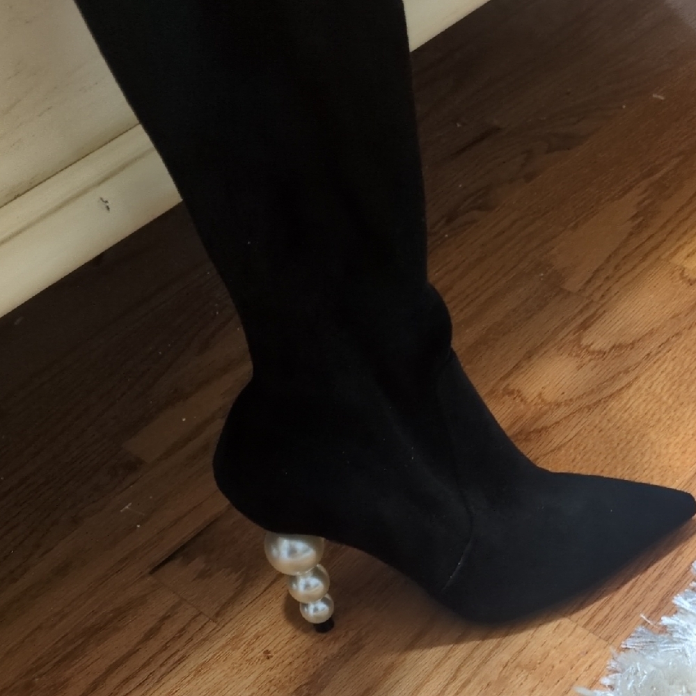 Elegant Black Stiletto Boots with Pearl Heel Over The Knee 🔥